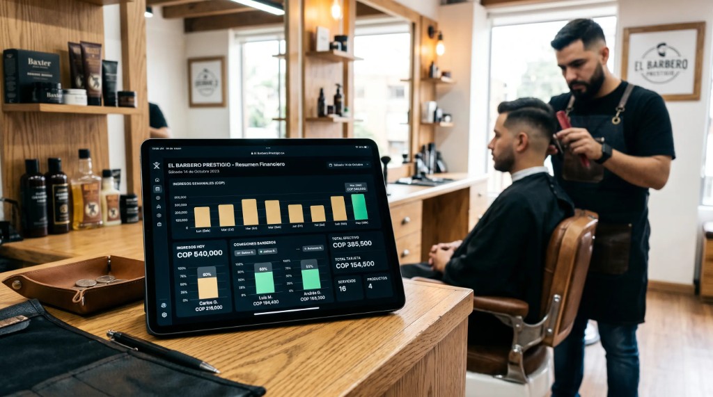 Barbershop commission dashboard on tablet showing percentages and COP payments