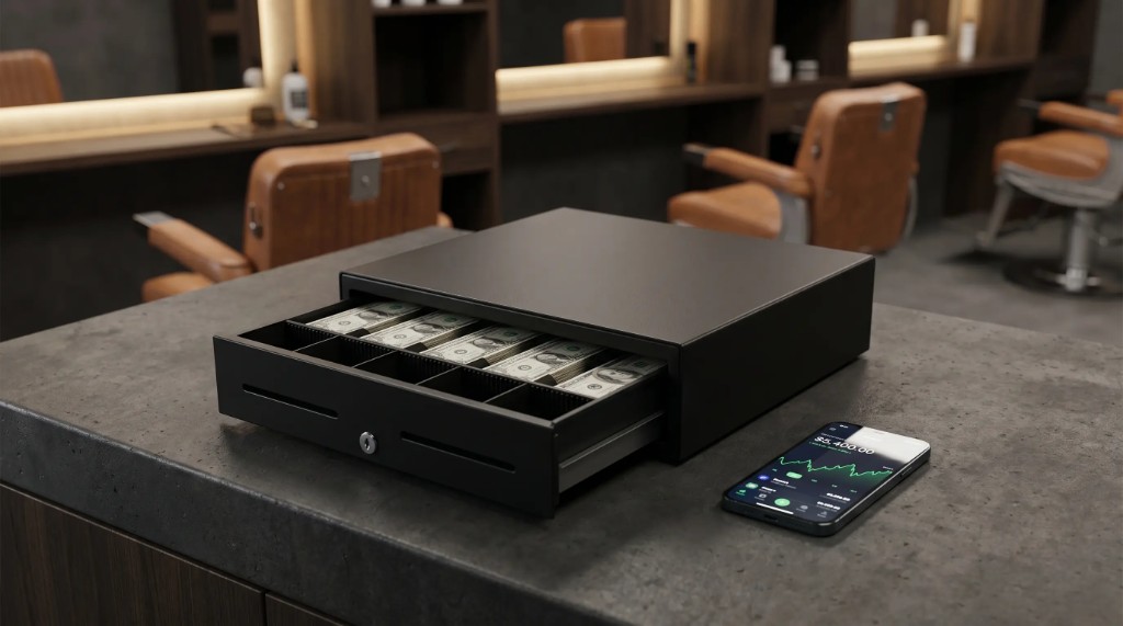 Sistema POS para peluquerías mostrando control de caja y finanzas en GlowSaaS