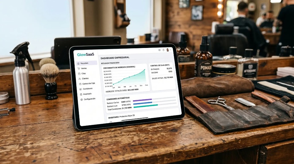 Dashboard GlowSaaS con comisiones automáticas, control de caja e inventario en barbería