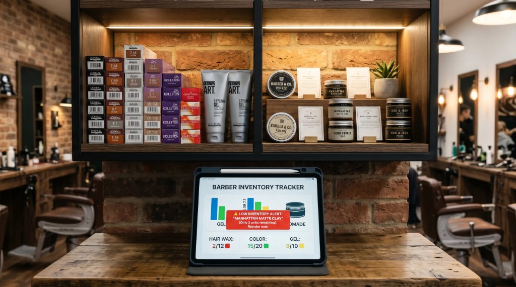 Organized salon inventory showing retail products and technical backbar supplies