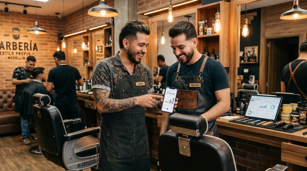 Comparativa de los mejores softwares para barberías en Colombia con dueños revisando resultados