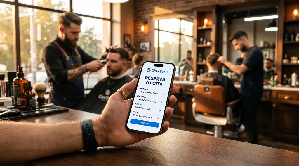 Reserva online sin fricción en barbería moderna con GlowSaaS desde el celular