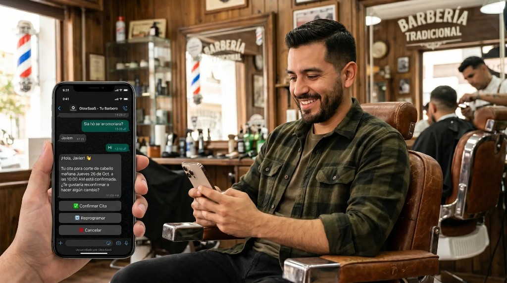 Bot de WhatsApp GlowSaaS con botones confirmar, reprogramar y cancelar cita en barbería