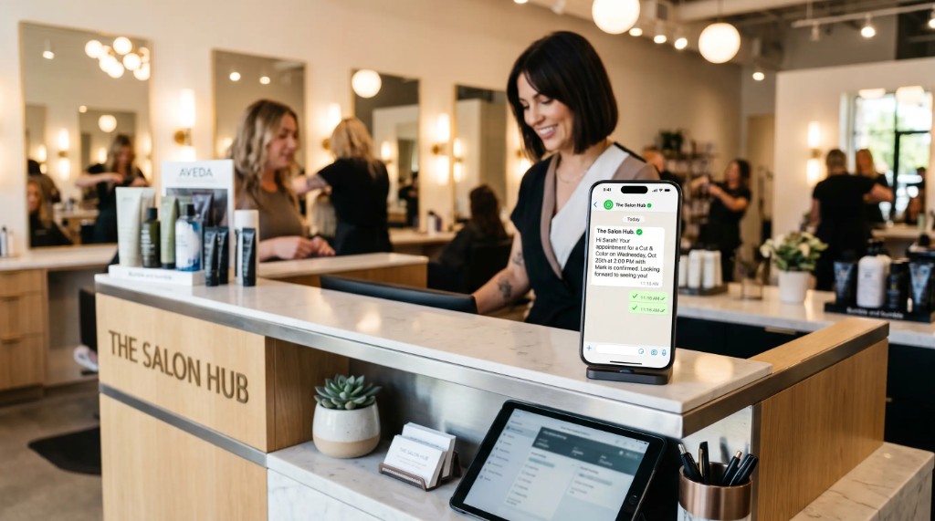 Safe appointment reminders via WhatsApp Business at salon reception